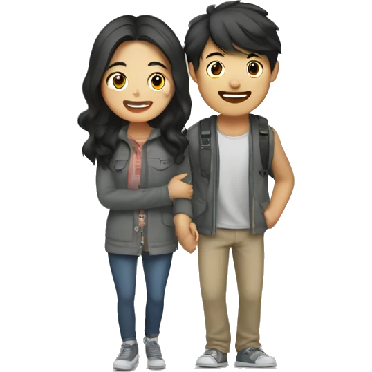 Cute Asian couple (girl with wavy long hair guy with short straight hair) excitedly traveling  emoji