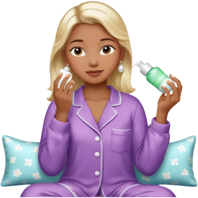 Clean girl aesthetic emoticons, apply skincare products, pearl earrings, glowing skin, pajamas, soft lighting emoji