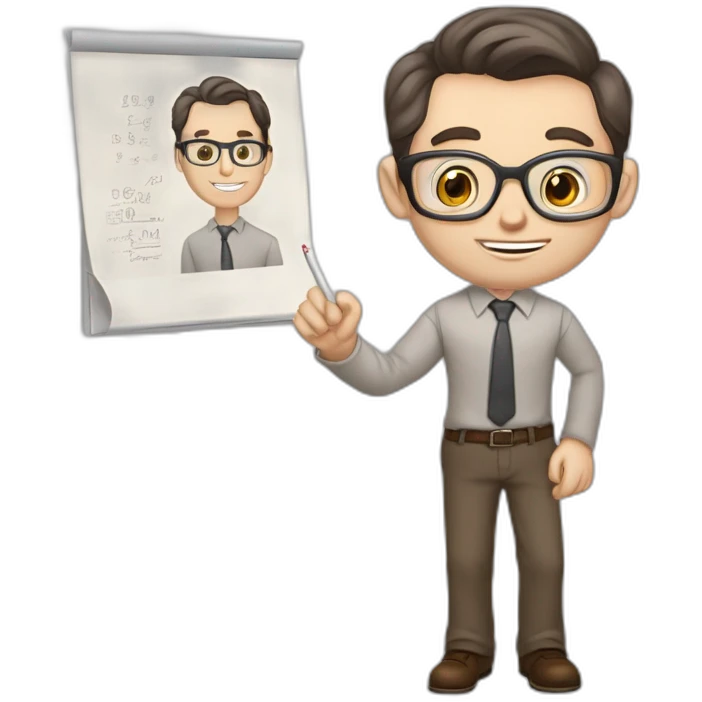 Pale skinned fit man with dark brown hair in gray jacket, beige office shirt, brown tie, brown pants and vintage glasses Writing text on the flipchart emoji