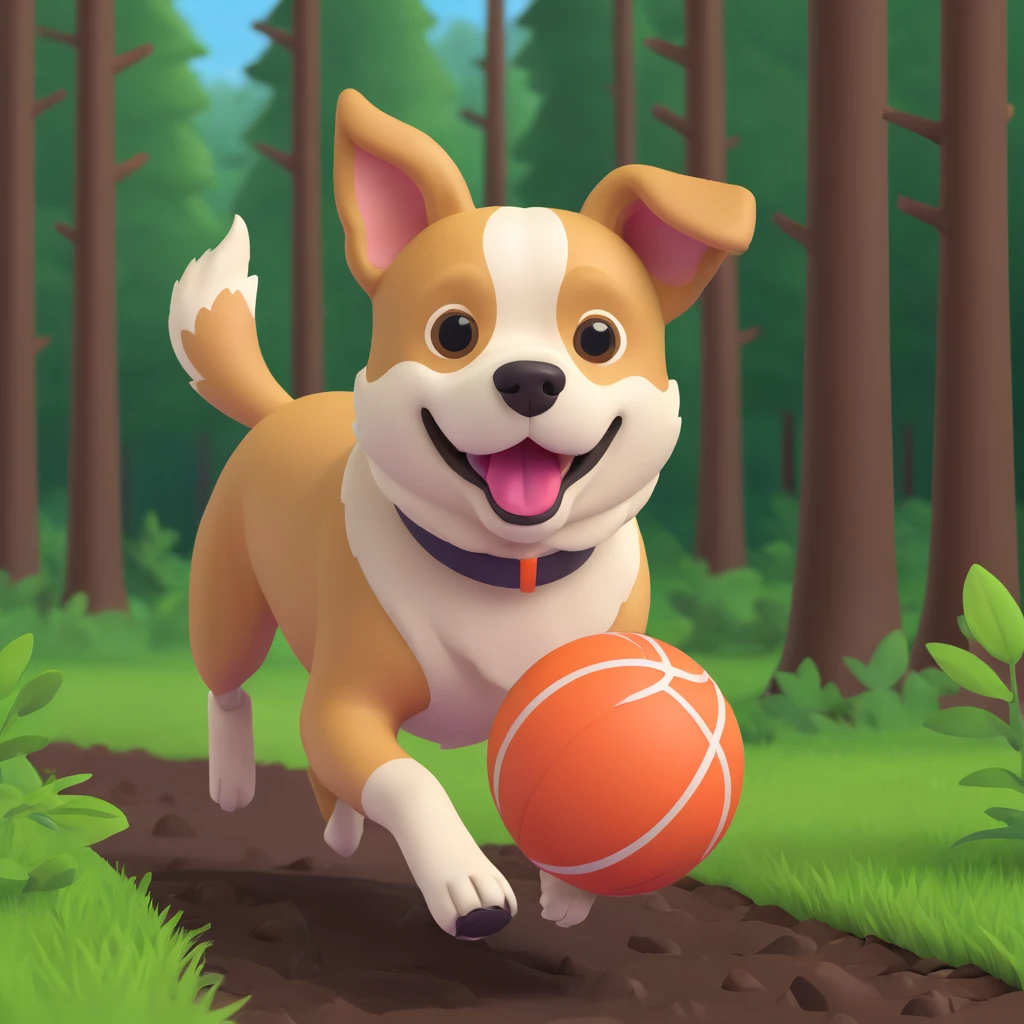 dog chasing ball in forrest, close up pose emoji