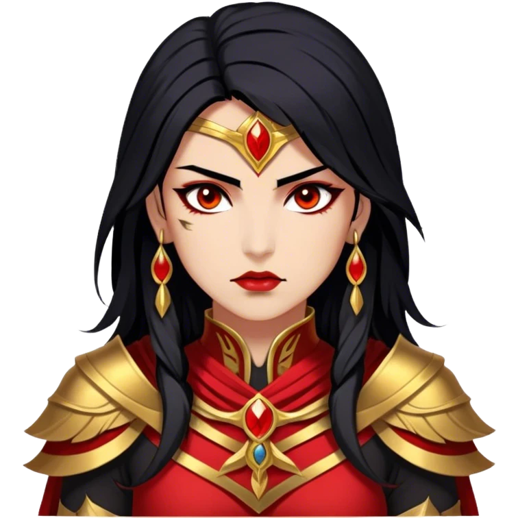 Cinematic Stunning Mulan Portrait Emoji, Fierce yet graceful, flowing raven-black hair, piercing brown eyes filled with determination, adorned in regal red and gold warrior attire, glowing with the strength and beauty of a true heroine, an elegant warrior in her prime! emoji