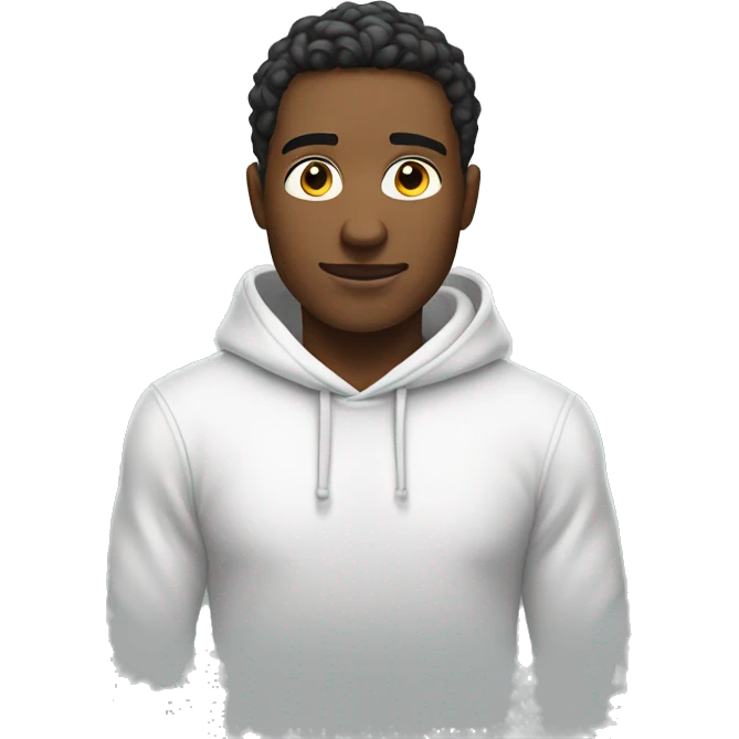 An emoji of a handsome man wearing a white hoodie, standing confidently with a friendly and relaxed expression emoji