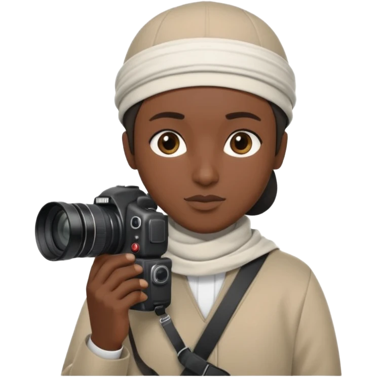 Black Muslim photographer, dark skin tone, dressed in a modest modern outfit, kufi cap, holding a DSLR camera (Canon/Nikon), focused expression, outdoor photoshoot setting, clean depth of field, highly realistic, detailed portrait, 4K. emoji