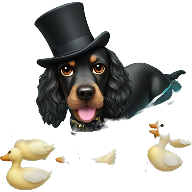 black working cocker spaniel with mustache and top hat swimming in a pool of ducks emoji