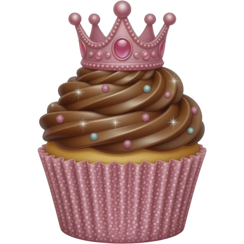 glitter cupcake with beautiful wrapper and pink crown and chocolate frosting with sparkles emoji