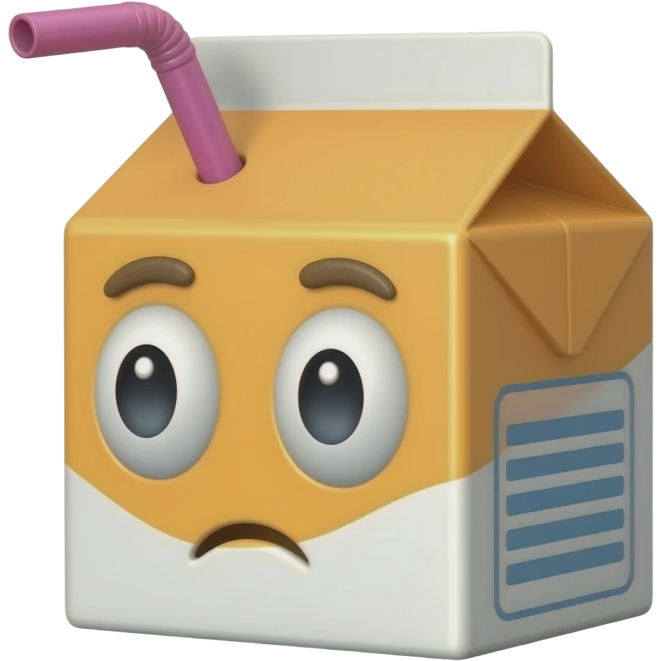 Juice box with no mouth and wide eyes looking to the side with a hot pink straw emoji