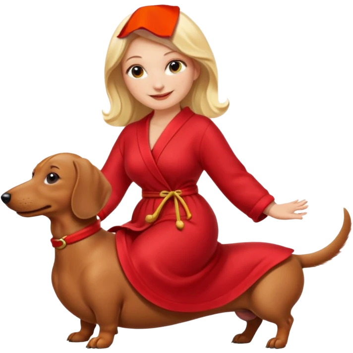 A blonde curvy woman riding on top of a dachshund wearing a red robe emoji