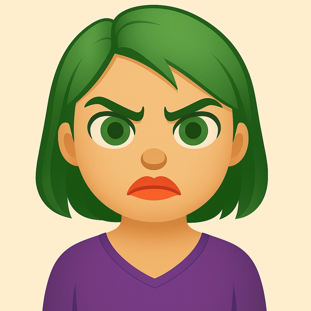 Create an emoji style image of a girl with green hair, angry expression, green eyes, and lipstick blended with coral and orange. emoji
