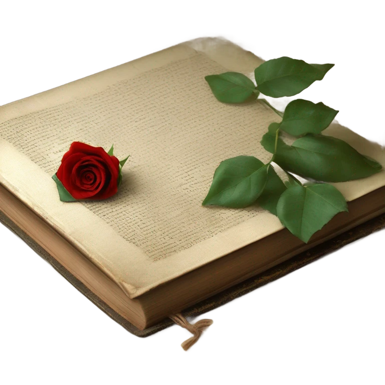 Vintage book with ribbon and red rose emoji