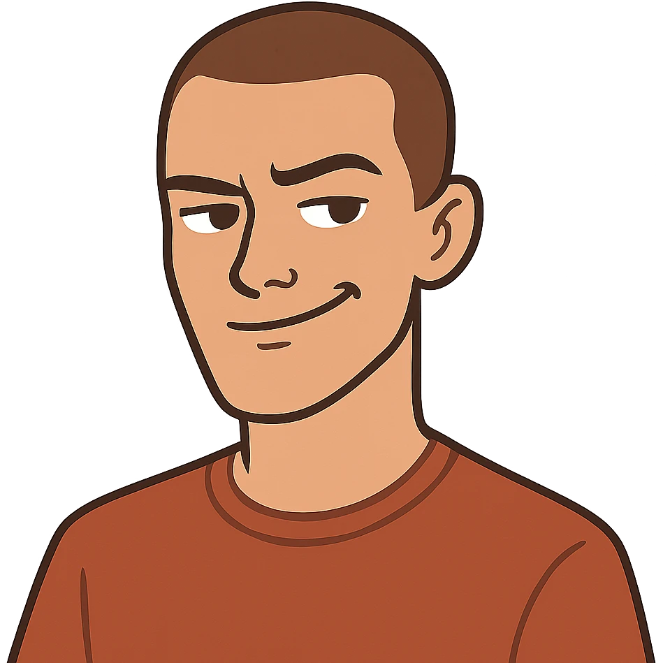 flat toon style Rafe Cameron from Outer Banks, buzz cut, smirking emoji