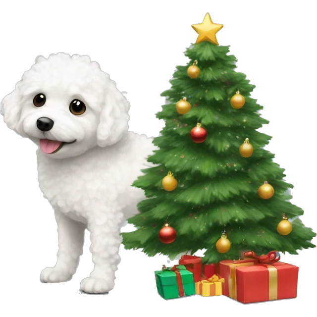 Small white curly haired dog under a Christmas tree emoji