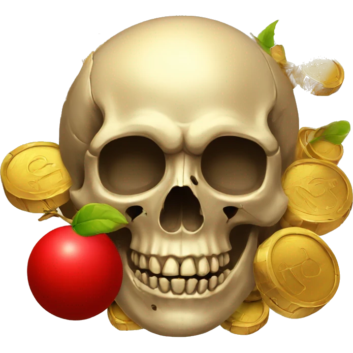 three skulls, red ball, gold coins, old board emoji