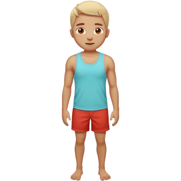Emoji-style person standing in beach shorts, skin visibly sunburned and red on arms, legs, and face, but chest and shoulders clearly lighter with tank top tan lines. Expression shows mild pain or discomfort, cute rounded emoji design, soft 3D shading, vibrant colors emoji