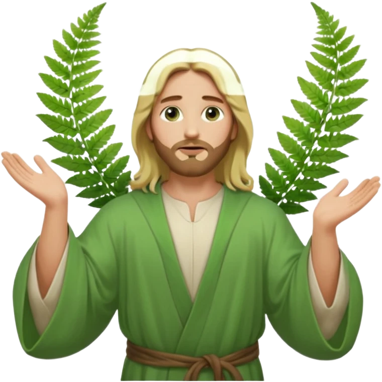 Jesus, green eyes, blonde hair, light green robe. opening arms, gazing thoughtfully. Soft light, subtle fern. Waist-up, profile. emoji