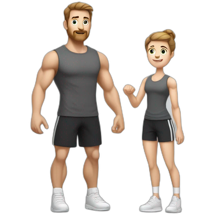 Full height Actively gesturing with hands Pale skinned Fit Man With the biceps and brown hair in dark gray Sleeveless Mike, black oversize sports shorts, watch and white Sneakers emoji