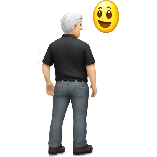 Technician with grey hair wearing a black polo shirt installs a TV onto a white wall of an exhibition stand emoji