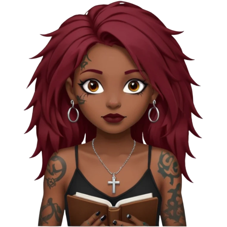 generate an ios genmoji of a dusky girl with long dark red messy hair with eyeliner on her eyes. septum piercing, wearing a cami black top, has tattoos, on shoulders. ear piercings. wearing a cross silver necklace. carrying a lot of sketchbooks emoji