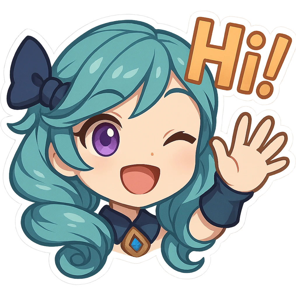 Gwen from League of Legends, chibi emote style, only head and hand visible, right eye purple, right hair bow included, high-energy 'hi!' expression, cute and expressive emoji