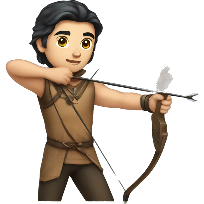 a male archer aiming with a bow in his hand but no arrow, dark hair, bright skin, emoji