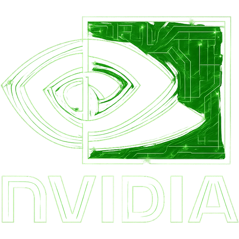 Transform the NVidia logo into a cyberpunk, holographic style with glowing neon green edges and intricate circuit patterns throughout the entire icon. Maintain the recognizable NVidia eye shape and keep the main color green, overlaying neon and circuit effects in a futuristic, clean cyberpunk style. The whole icon should have a consistent cyberpunk glow and detailed circuit elements on a transparent background, inspired by previous cyberpunk icons. emoji