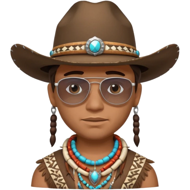 cute Indigenous tribal male portrait, head and shoulders only, cowboy hat, sunglasses, tribal jewelry, confident expression, 3D cartoon, mobile game icon style, clean background, no text, no watermark
 emoji