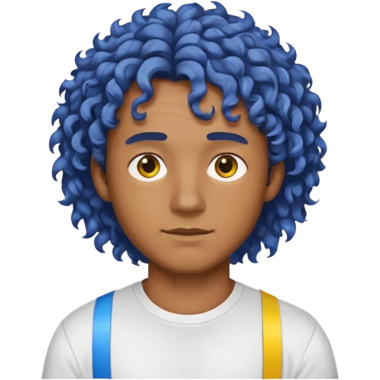 Make me an emoji that has a guy with a white shirt and yellow tape around the shirt with brown and blue spots hair make the hair curly make the yellow tape go around it emoji