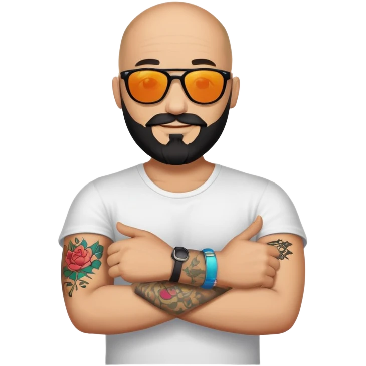  Bald man with sunglasses black beard saying hi with only one colorful tattoo on forearm  emoji