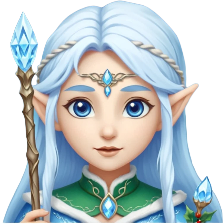 Legendary fantasy Christmas elf portrait icon, Santa Claus and Snow Maiden inspired, ancient winter spirit style, long flowing white-blue hair, glowing frost eyes, crystal staff, elegant elven features, divine winter magic aura, icy silver color palette, highly detailed but clean emoji icon emoji