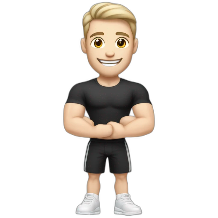 Joyful Celebrating victory Pale skinned Fit Man With the biceps and dark brown hair in black shirt, gray sports shorts and white Sneakers emoji