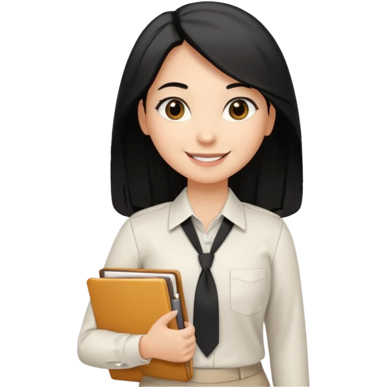 a light tan woman with long black hair past mid-back, round brown eyes, with folders in her hands. she has a id lanyard on and white professional blouse. emoji