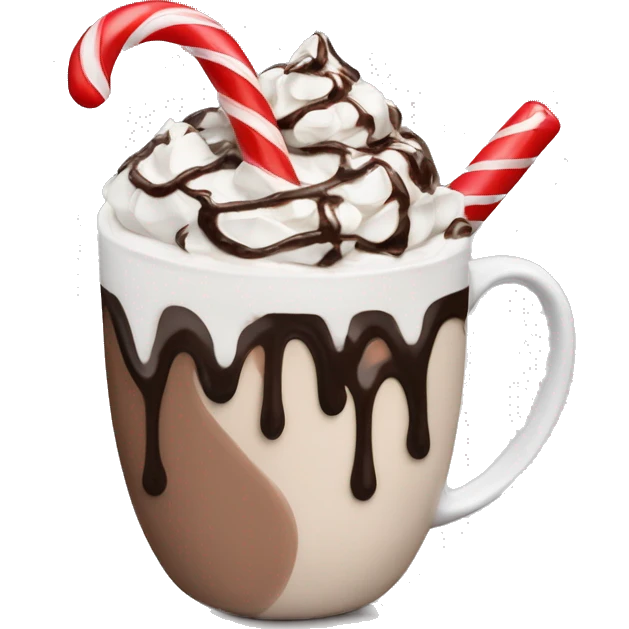 Hot chocolate with whip cream and chocolate drizzle with a candy cane emoji