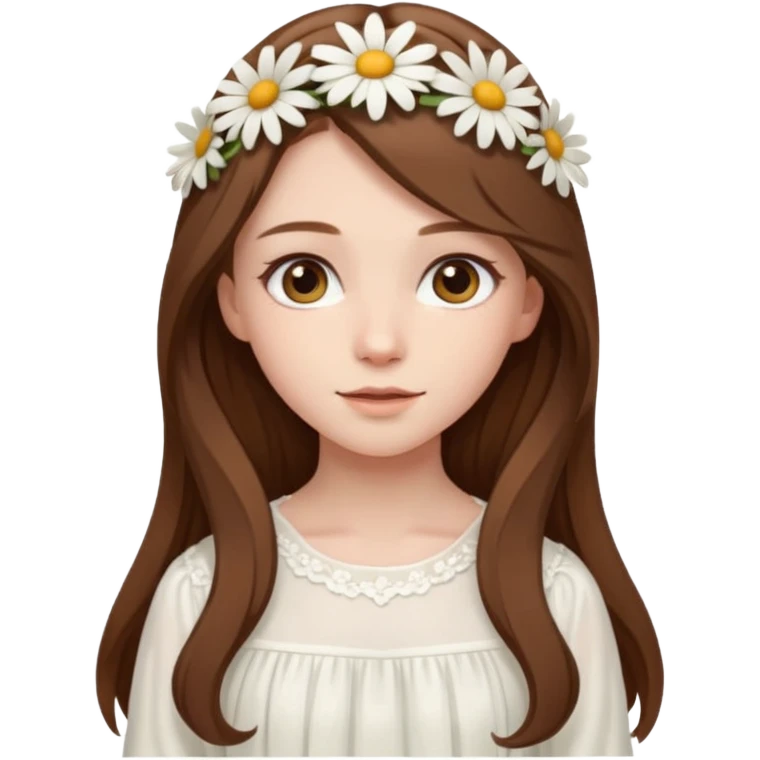 Girl with long brown hair, pale skin, daisy hairclips, long sleeved white flowy dress emoji