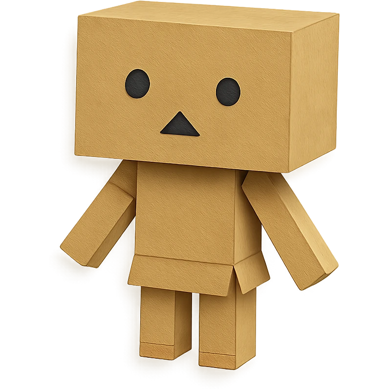 Danbo, the cardboard robot, in a softly lit room with wooden floor, cartoonish style, clean lines, pastel palette, cozy and nostalgic mood emoji