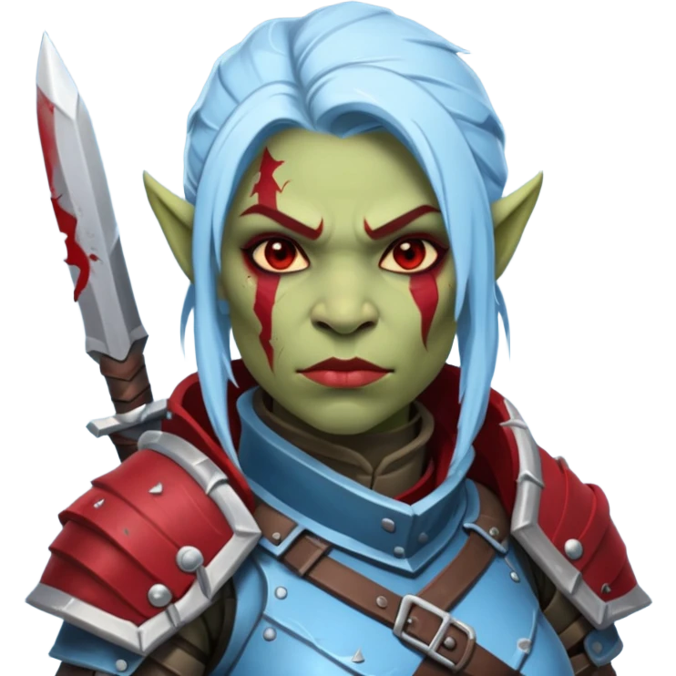 Fantasy Christmas orc legion soldier icon, iron tundra army theme, heavy winter armor, disciplined brutal look, cold steel armor cracked with frozen crimson lines, bloodfrost effect, icy blue and dark red color palette, minimal clean emoji style, female variant emoji