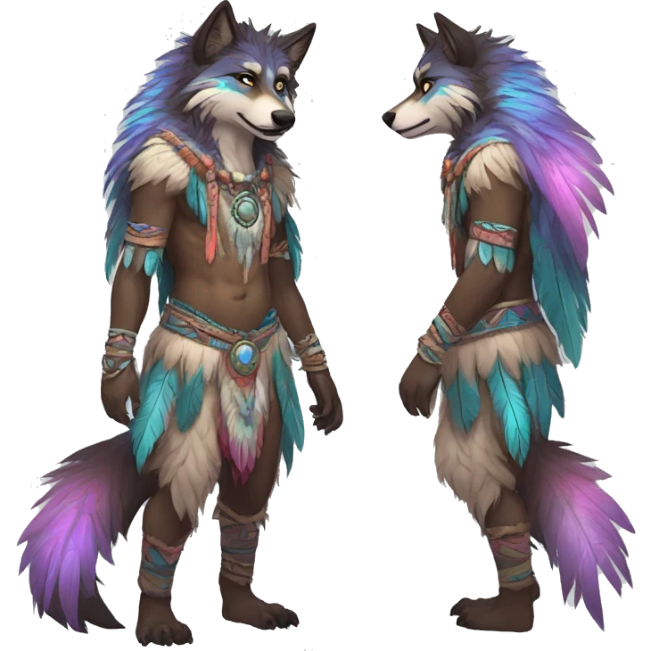 Anthro Fluffy Colorful Shy Spiritual Shamanic WereWolf-sona With Shiny Tribal Markings wearing feathers Full Body Detailed High Quality emoji