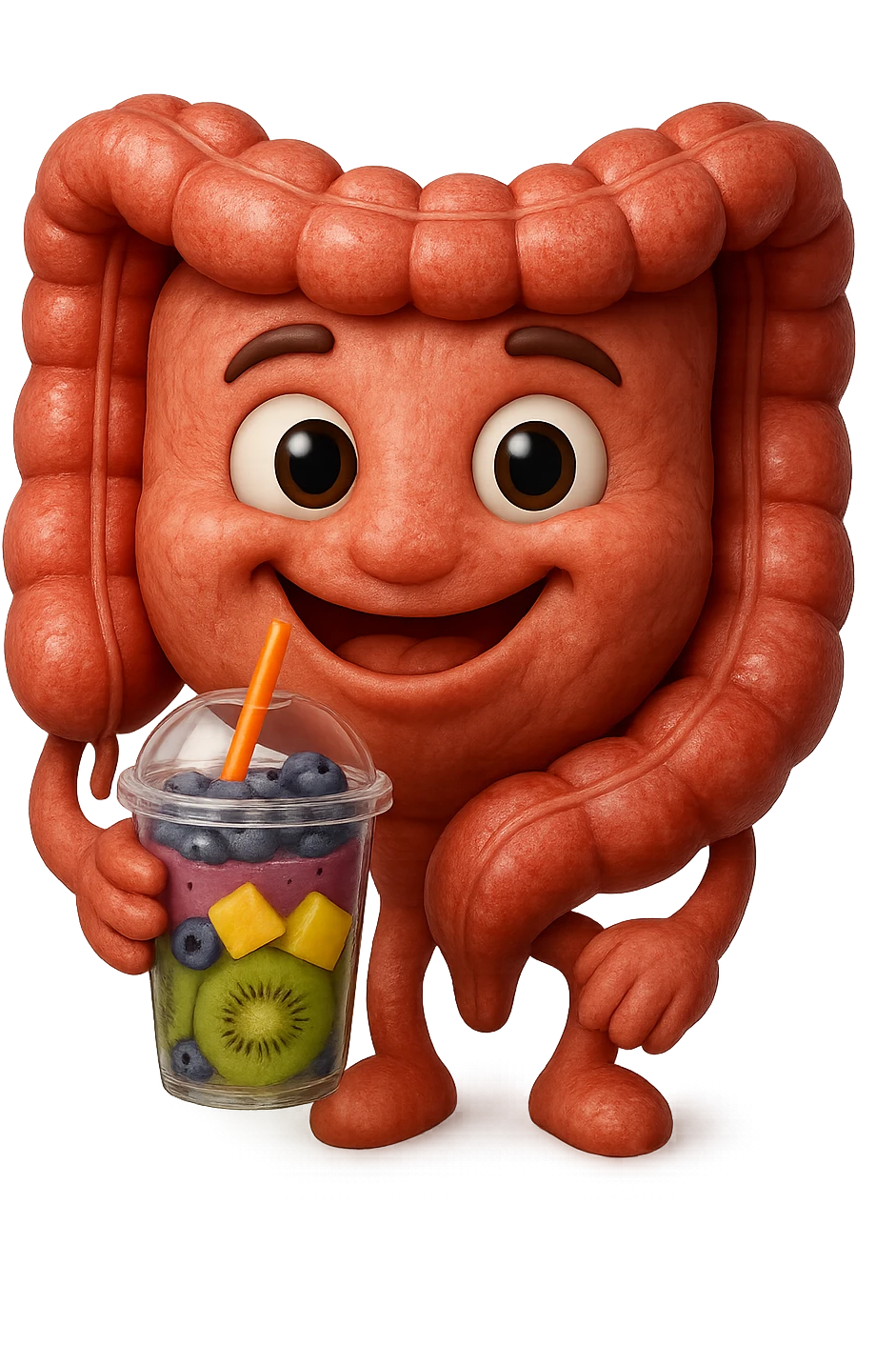 EMOJI STILE IPHONE DI un intestino umano anatomico che beve un frullato di mirtilli, ananas, kiwi, fagli anche la parte bianca degli occhi, non solo le pupille, REALISTICo 4K emoji