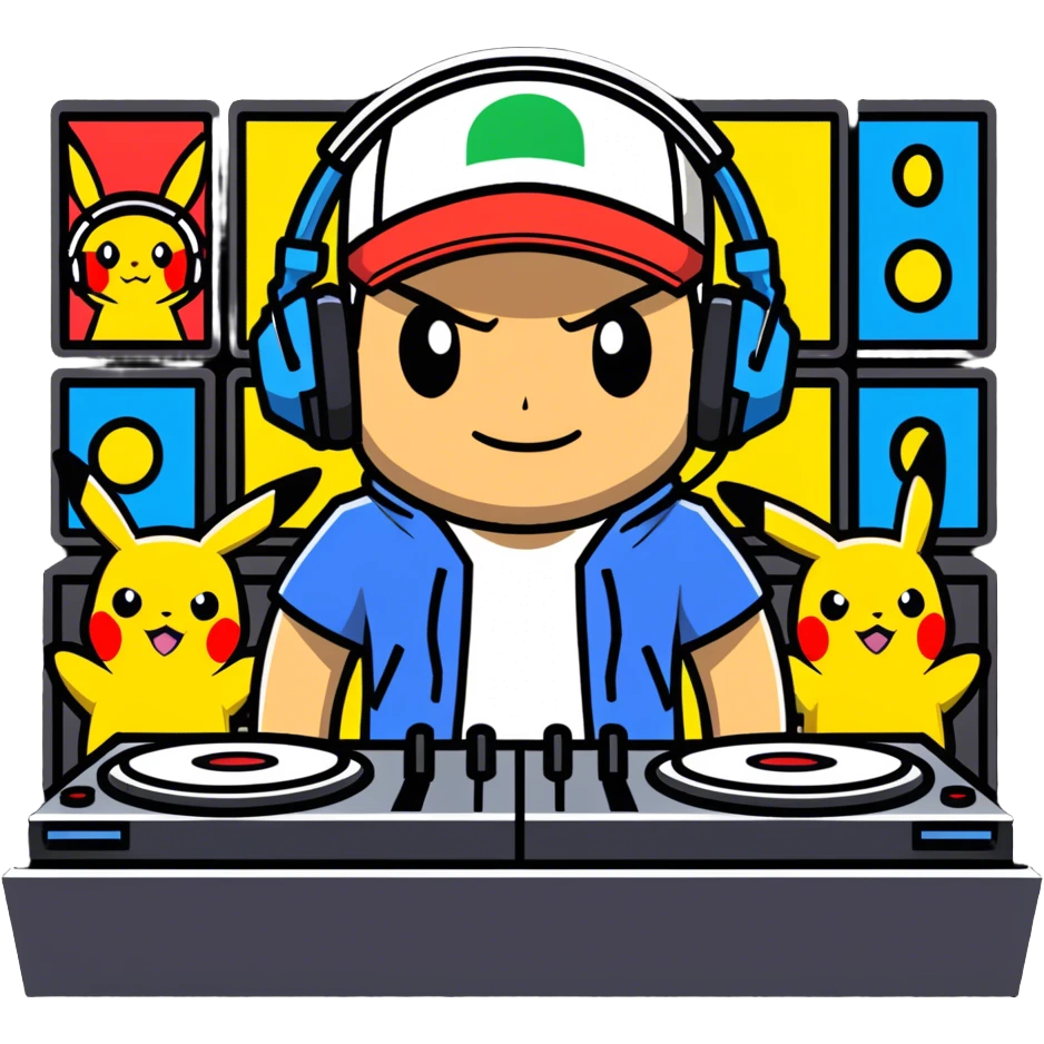 Hot handsomeb muscular 6ft tall ash ketchum being a  dj for a bunch of pikachus emoji