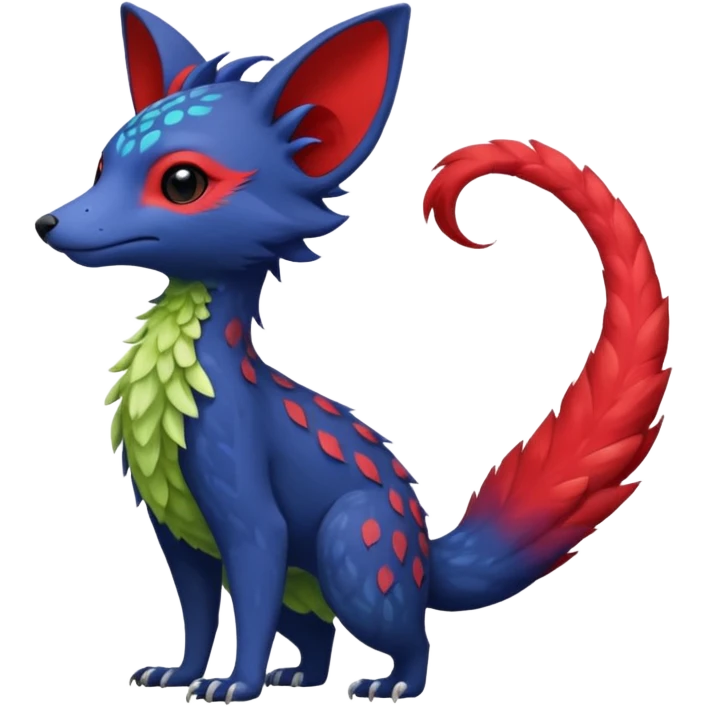 Feral Rare Fantasy vibrant tropical red and indigo and lime-collred Vernid-Trico-species-creature by LiLaiRa, random markings, tufted tail, tufted ears, full body emoji