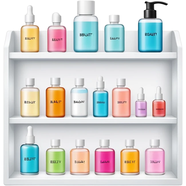 big long white shelf with one serum bottle labeled beauty brand and big sticky note next to it emoji