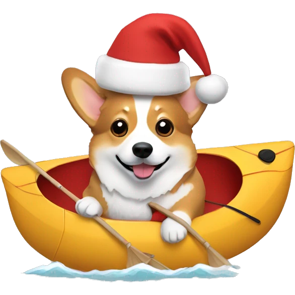corgi in a kayak with Santa hat emoji