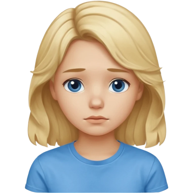 Sad blond girl with light weavy hair with a blue shirt but we can see only her face and neck and the top of the t shirt, no whole body emoji