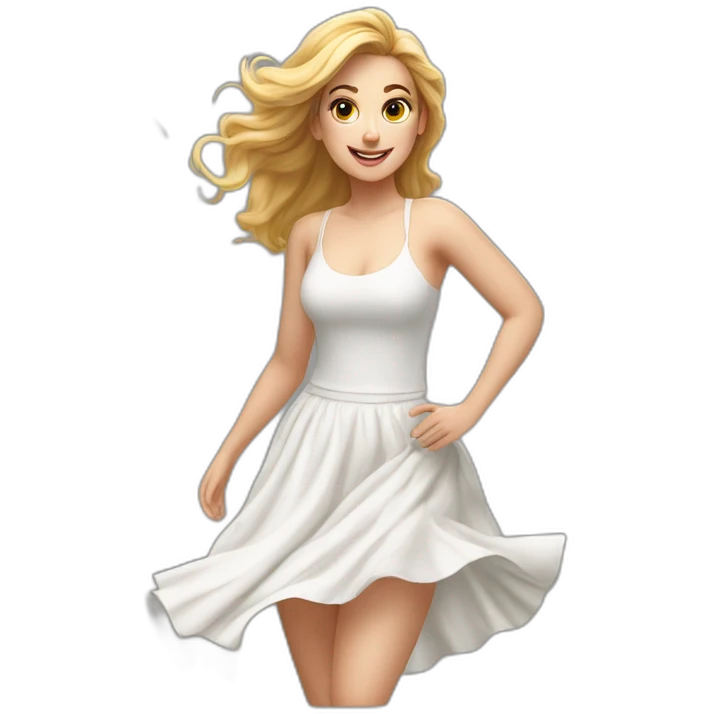 Hyperrealistic Full body Caucasian curvy beauty jumping white skirt back and front views strong wind emoji
