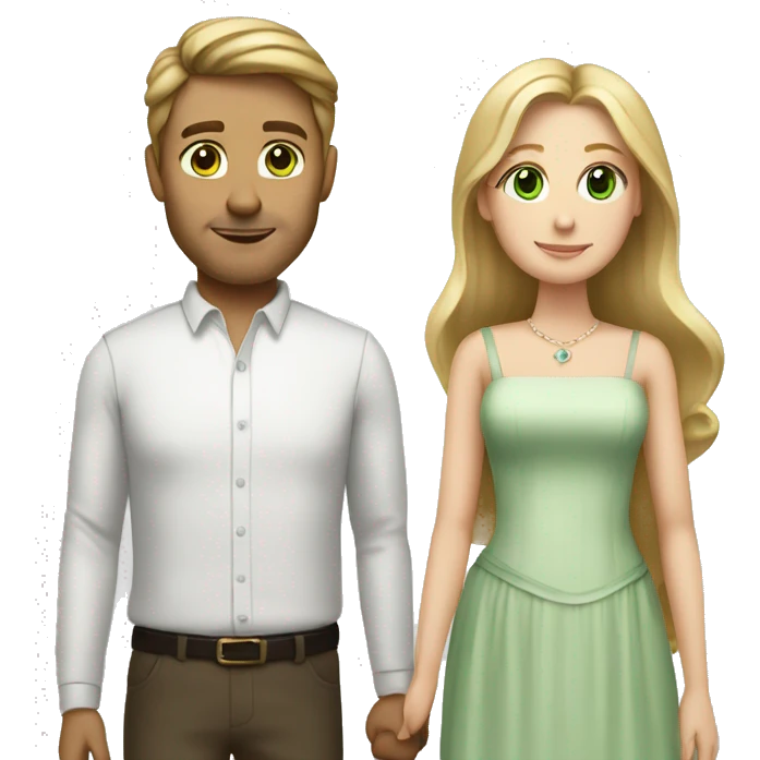 Married couple, the man has brown hair, and the woman has long blonde hair and green eyes emoji