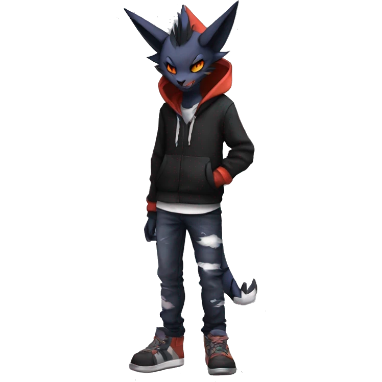 Cool Anthro Black Noivern-Absol-Litten-Pokémon with edgy stripes hoodie spiked collar punk Full Body emoji