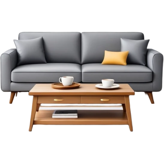 A stylish living room with sofa, coffee table, and decorative items emoji