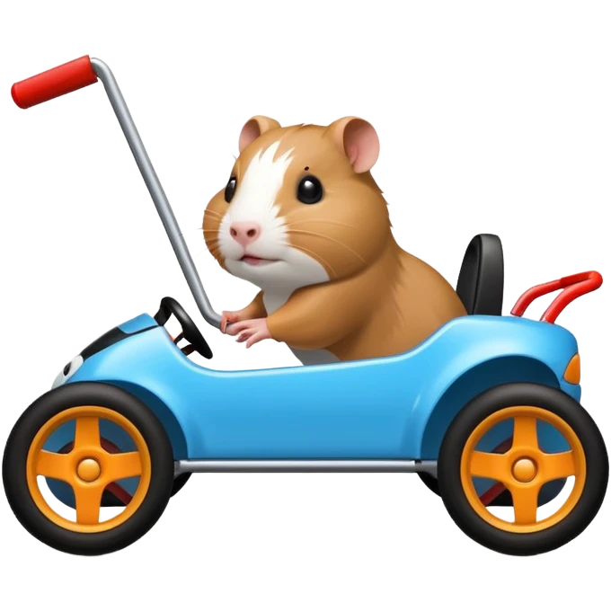 Racing drift car whose frame and suspension is made of shopping cart material and flat panel body is being professionally steered driven by a small thin Guinea pig  emoji
