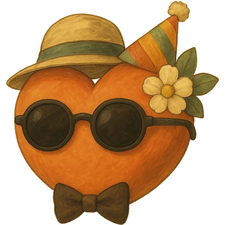 Add sunglasses, a party hat, and a bow tie to the orange heart. Keep the soft and painterly ghibli style with no background as in the reference image. emoji
