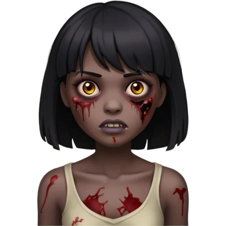 Um zumbi feminino, com cabelo preto e franja, machucados pelo rosto e torso, fundo escuro destacando o rosto com sombras emoji