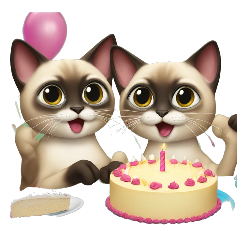 two siamese cats at a birthday party eating cake emoji