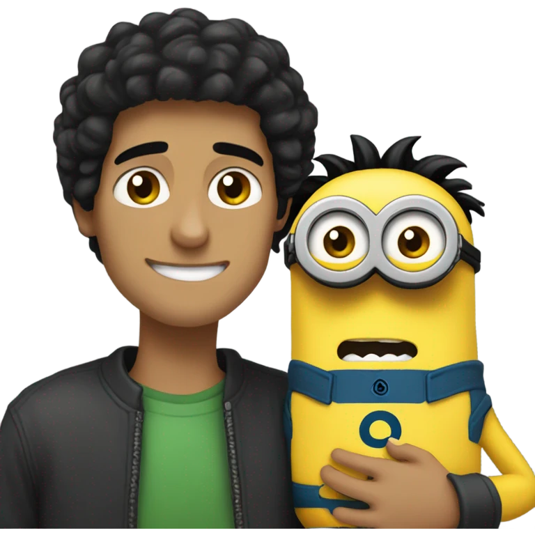 white male, brown eyes, black hair hugging and holding a minion with green eyes emoji